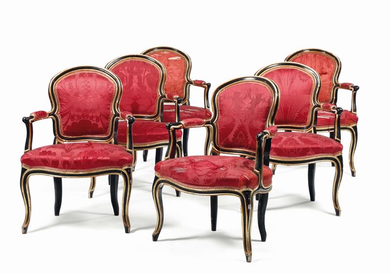 Sei poltroncine in stile Luigi XV in legno ebanizzato e dorato, XIX secolo  - Asta Antiquariato - Cambi Casa d'Aste