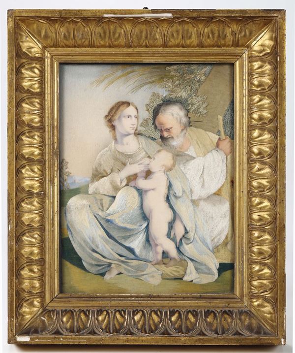 Ricamo in seta, XVII secolo Madonna con Bambino e San Giuseppe