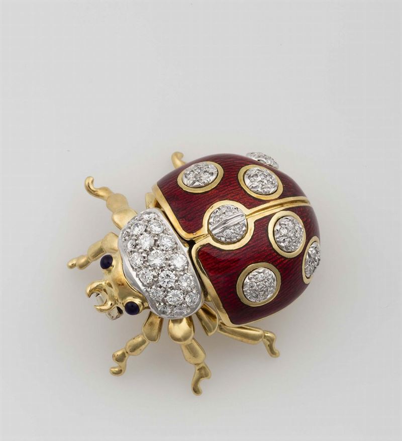 Enamel, diamond and sapphire brooch designed as Ladybug. Tiffany&Co.  - Auction Fine Jewels - Cambi Casa d'Aste