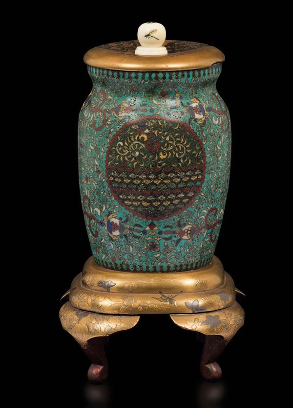 A small cloisonné enamel vase with lacquer stand, Japan, Meiji Period, 19th century