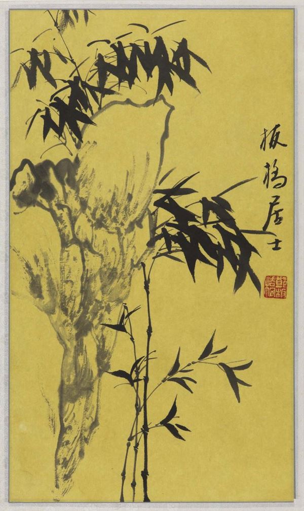 Coppia di dipinti su carta raffiguranti canne di bamboo con iscrizioni, Cina, inizio XX secolo