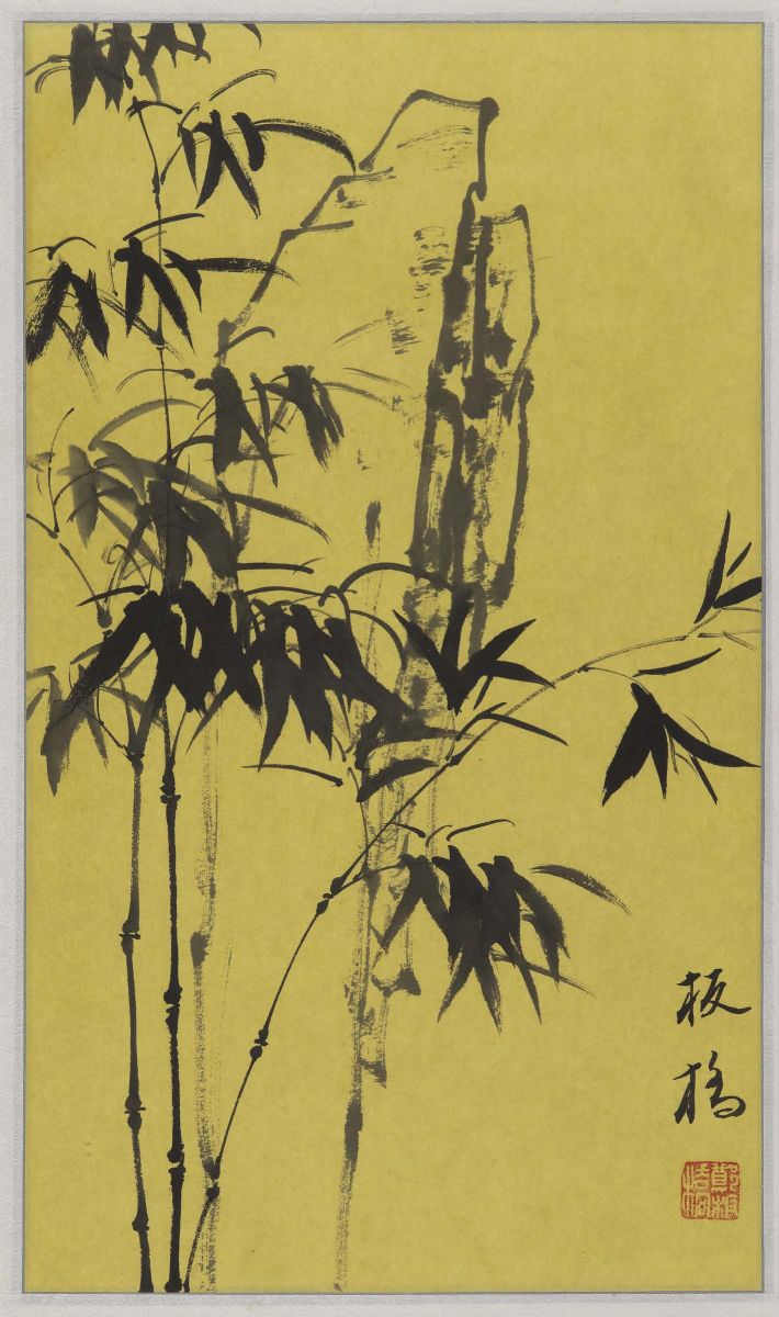 Coppia di Dipinti su Carta Raffiguranti Canne di Bamboo con Iscrizioni, Cina, Inizio XX Secolo