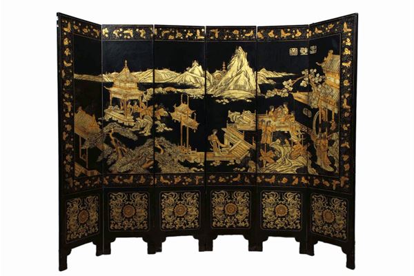 A lacquered wood six-shutters screen, China, early 20th century