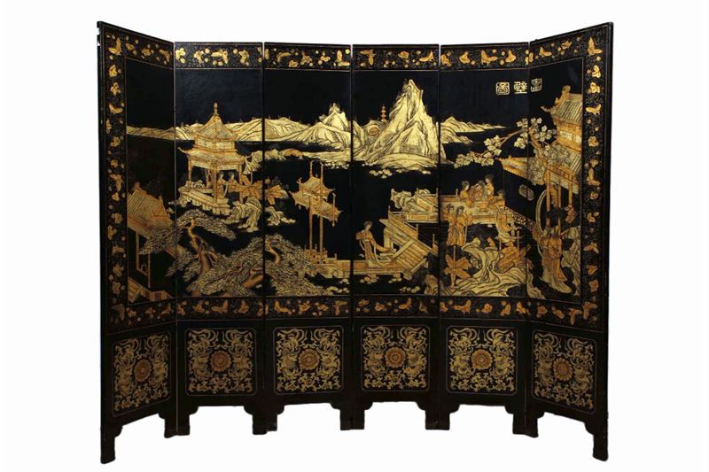A lacquered wood six-shutters screen, China, early 20th century  - Auction Chinese Works of Art - Cambi Casa d'Aste