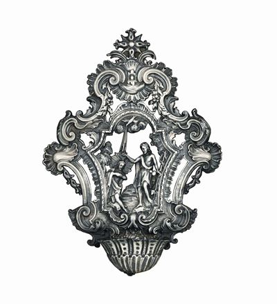 Acquasantiera in Argento Sbalzato e Cesellato, Genova, Bollo della Torretta per L’anno 1759.