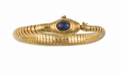 Bracciale “snake” con Zaffiro Taglio Cabochon e Piccoli Rubini