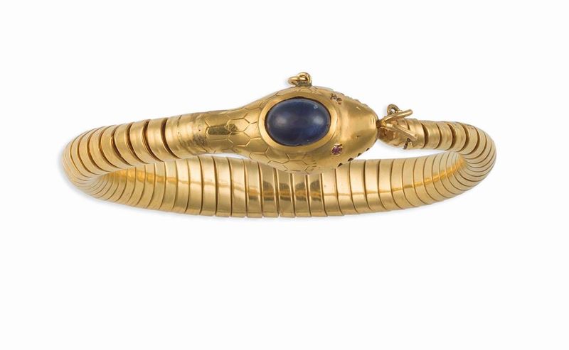 Bracciale “snake” con zaffiro taglio cabochon e piccoli rubini  - Asta Vintage, Gioielli e Bijoux - Cambi Casa d'Aste