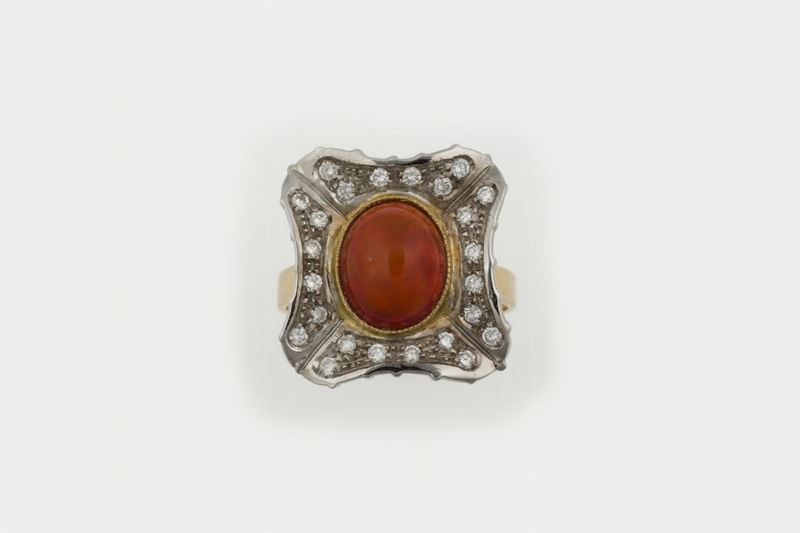 Anello con opale di fuoco e diamanti a contorno  - Asta Vintage, Gioielli e Bijoux - Cambi Casa d'Aste