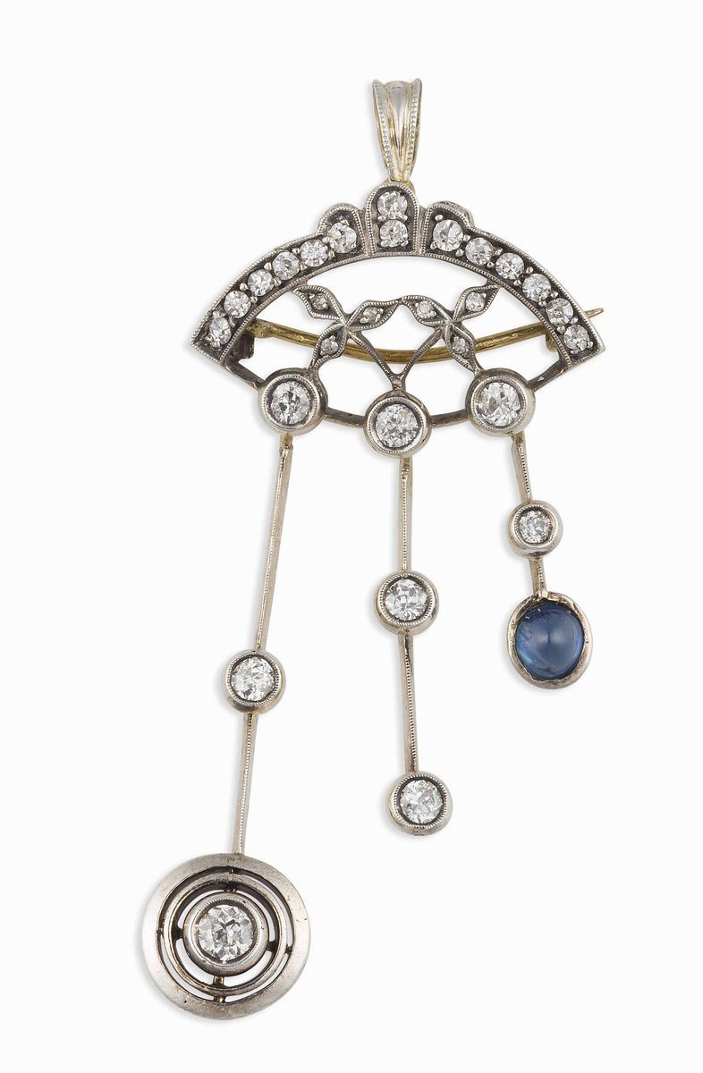 Spilla/pendente con diamanti e zaffiri  - Asta Vintage, Gioielli e Bijoux - Cambi Casa d'Aste