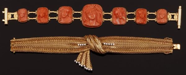 Pair of gold and coral bracelets