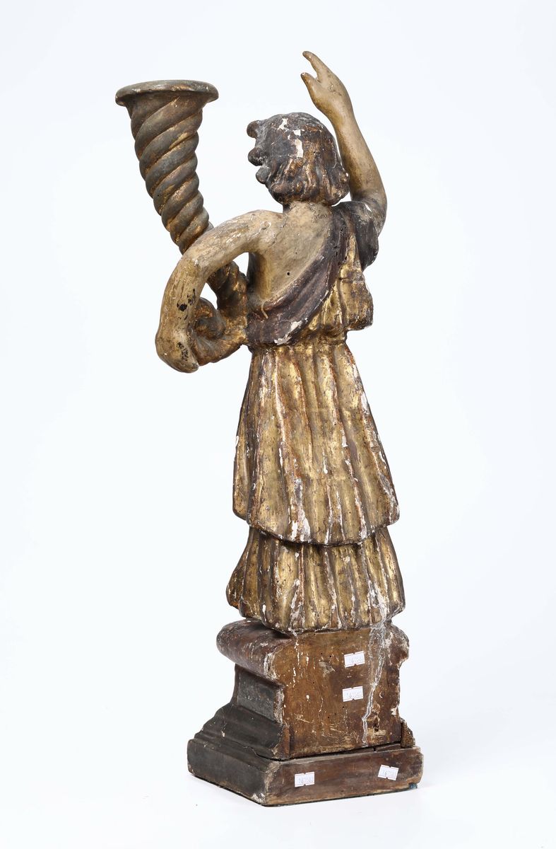 Angelo Ceroforo in Legno Dorato e Policromo, Italia del Nord, XVII-XVIII Secolo