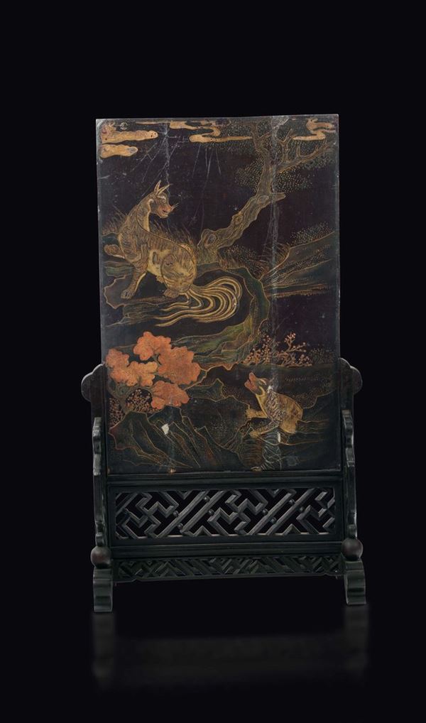 A wooden table screen with peasants and fantastic animals, China, Qing Dynasty, 19th century
