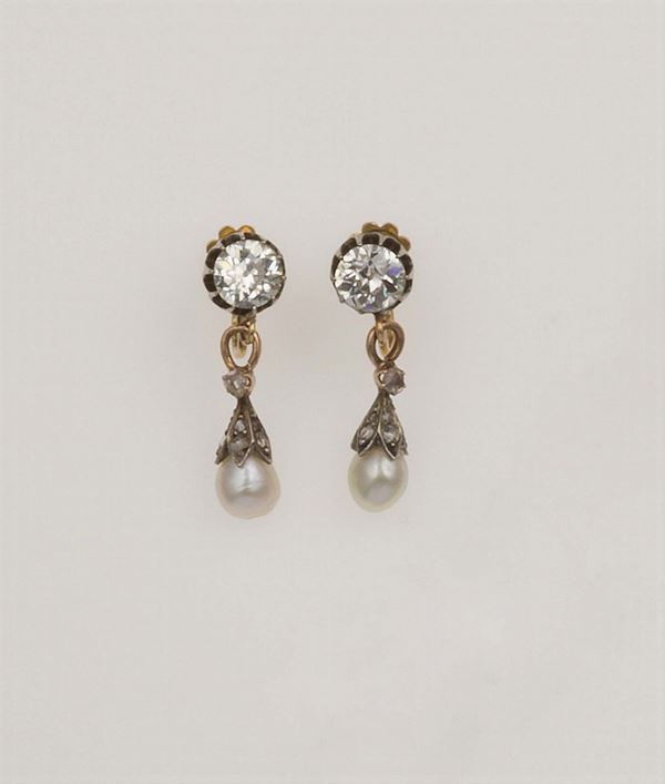 Pair of natural pearl and old-cut diamond earrings. X-ray