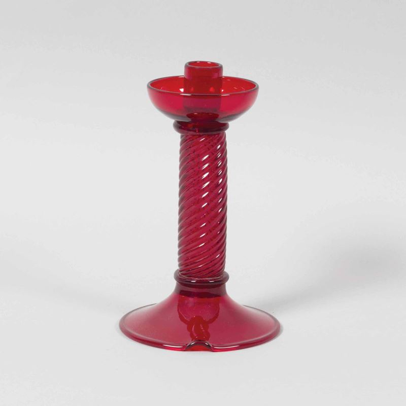 Venini, Murano, 1950 ca. A single-flame chandelier in red blown glass with a twisted stand  - Auction Murano '900 - II - Cambi Casa d'Aste