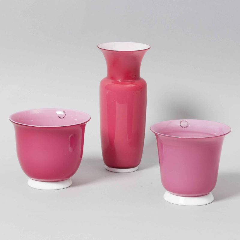 Venini, Murano, 1993. Three vases in opaline glass, cased in pink glass with milk glass bases  - Auction Murano '900 - II - Cambi Casa d'Aste