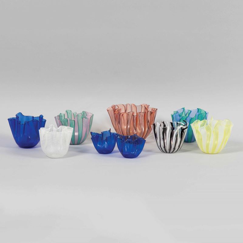 Fulvio Bianconi, Venini, Murano, 1950 ca. A collection of nine handkerchief vases in polychrome glass with reed decors, filigree and one in balloton glass  - Auction Murano '900 - II - Cambi Casa d'Aste
