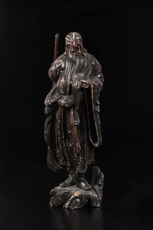 Figura di saggio scolpito in legno, Cina, Dinastia Qing, XIX secolo