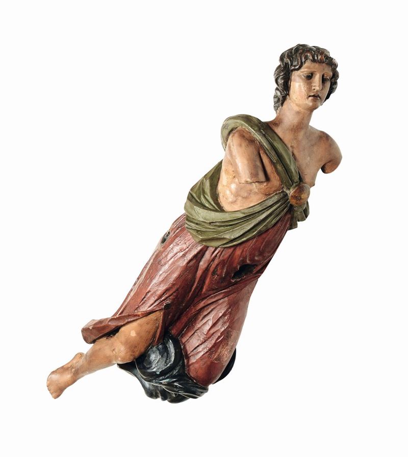 Polena in legno intagliato e dipinto in policromia raffigurante personaggio maschile, XVIII-XIX secolo  - Asta Antiquariato - Cambi Casa d'Aste
