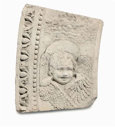 Frammento Architettonico in Pietra Calcarea Scolpito a Bassorilievo. Arte Rinascimentale Italiana...