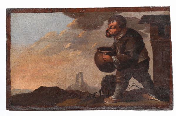 Scuola bresciana del XVIII secolo (Ambito di Faustino Bocchi) Paesaggio con nano che trasporta una giara