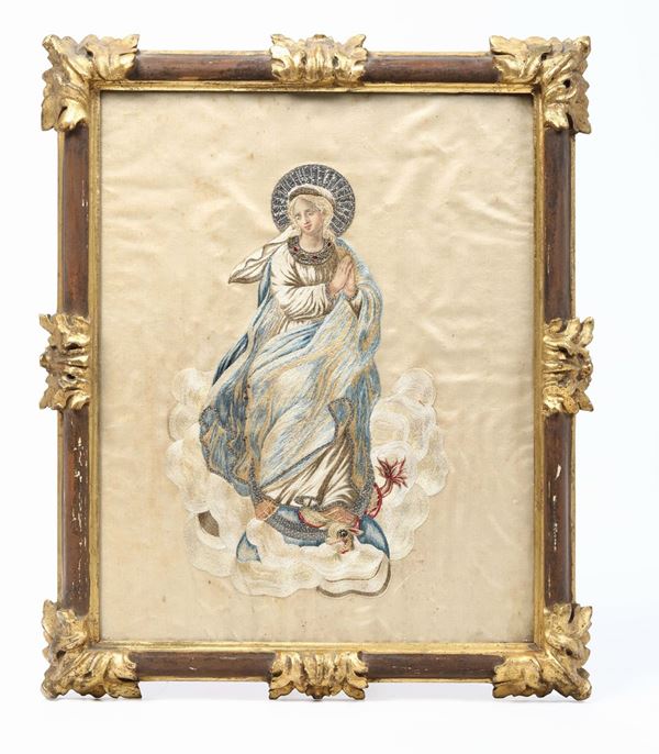 Ricamo raffigurante Madonna, XVIII secolo,