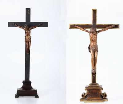 Due Antichi Crocifissi, uno in Legno Intagliato e Dorato, L'altro Sempre Intagliato, su Base e Cr...