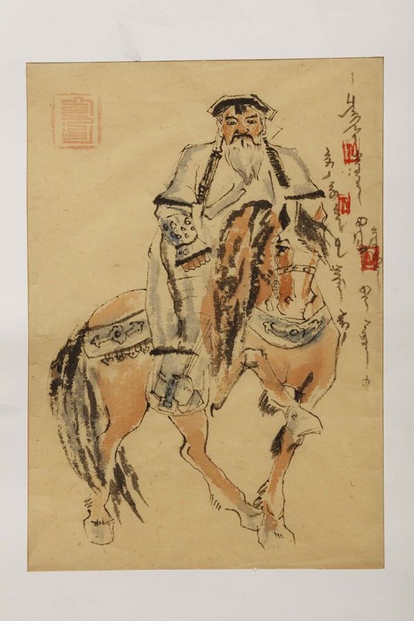 Dipinto su carta a mano libera con dignitario a cavallo con iscrizioni, Cina, inizio XX secolo