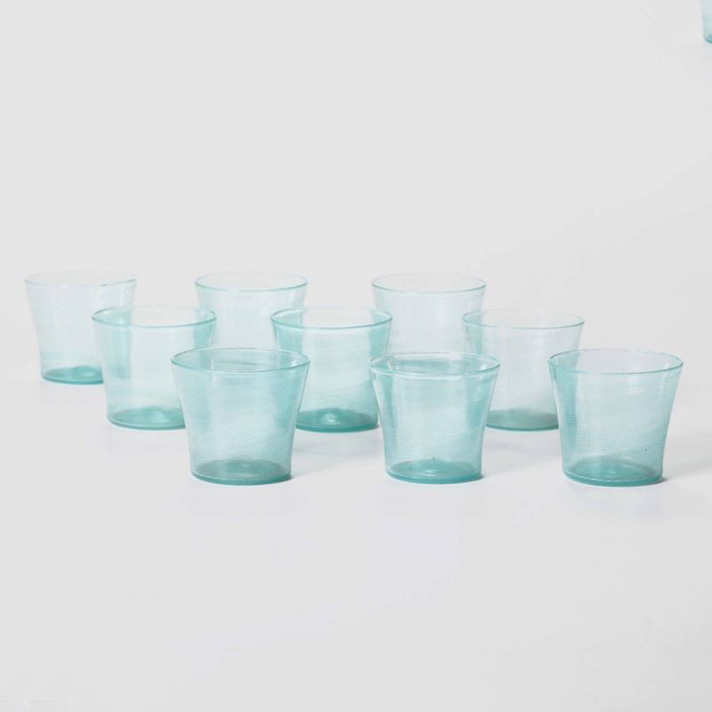 Carlo Scarpa, Venini, Murano, 1940 ca. Nine hourglass glasses in green half-filigree glass  - Auction Murano '900 - II - Cambi Casa d'Aste