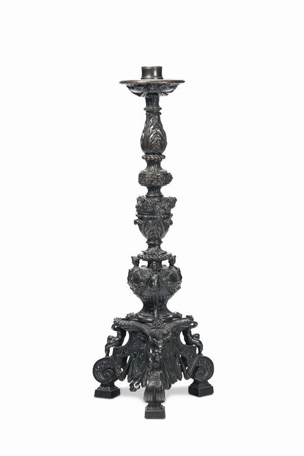 An important candle holder in molten, chiselled and patinated bronze. Niccolò Roccatagliata and his workshop, Venice, first half of the 17th century
