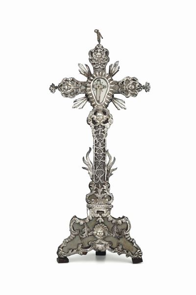 Reliquiario della Vera Croce in Lamina D'argento Sbalzata e Cesellata, Legno e Vetro. Manifattura...