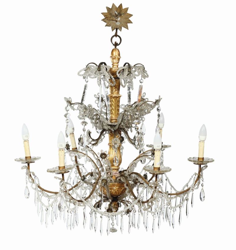 Lampadario a sei luci con fusto in legno intagliato e dorato, fine XVIII secolo  - Asta Antiquariato - Cambi Casa d'Aste