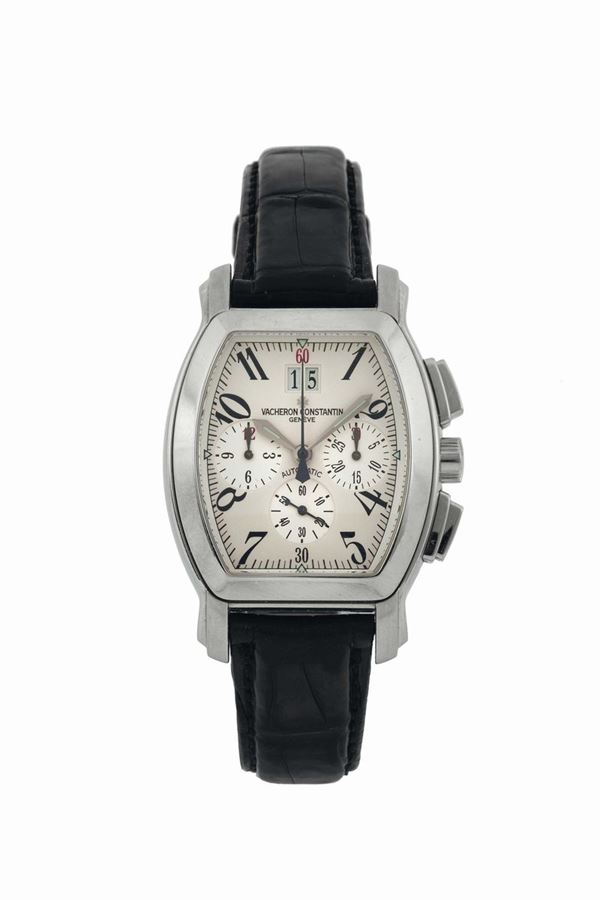 Vacheron Constantin, Genève, Royal Eagle – Automatic, case No. 770726, Ref. 49145. Sold in 2003 Fine, large, stainless steel, tonneau-shaped, curved, self-winding, water-resistant wristwatch with square button chronograph, registers, oversized date and a stainless steel Vacheron Constantin  deployant clasp. Accompanied by the original box, Guarantee and instruction booklet