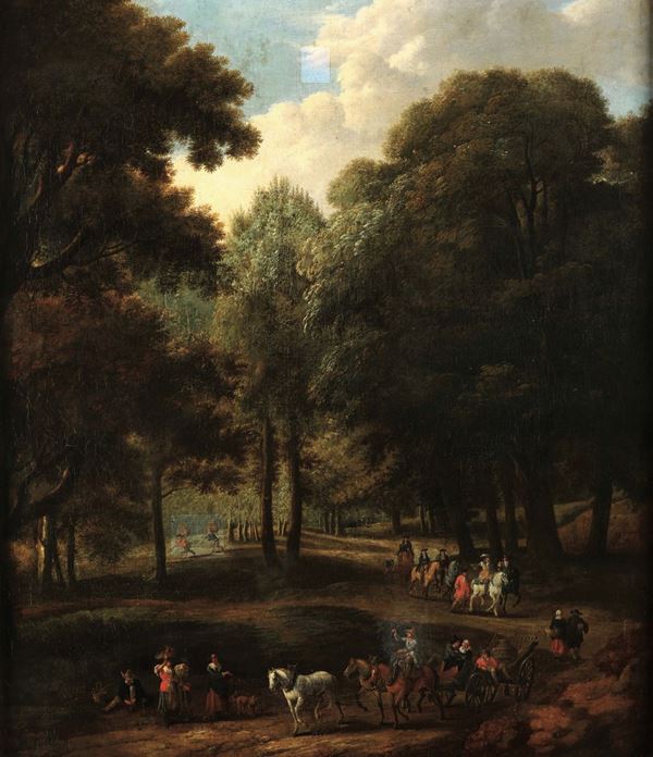 Adriaen Frans Boudewyns (Bruxelles 1644-1711) e Pieter Jans Bout (Bruxelles post 1640 - 1719 o 1689) Paesaggio con figure