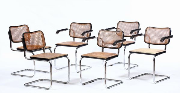Quattro sedie e due poltrone serie Cesca per Gavina, design Marcel Breuer