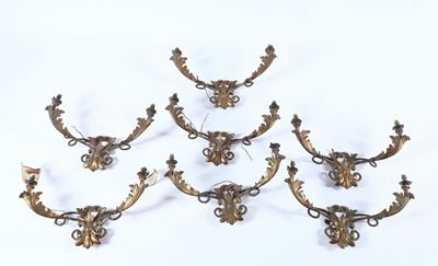 Sette Appliques a Due Luci in Metallo e Legno Intagliato e Argentato a Mecca, Prima Metà del XIX ...
