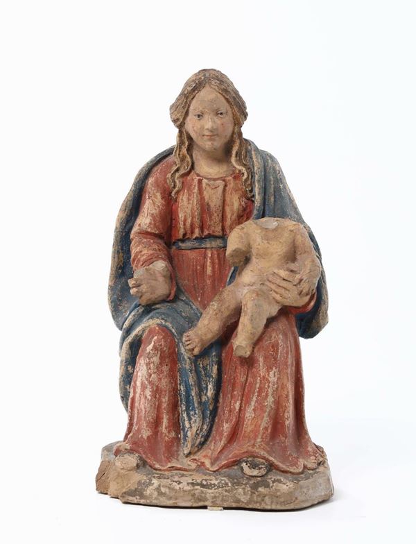 Scultura in terracotta policroma raffigurante Madonna con Bambino, XVIII secolo