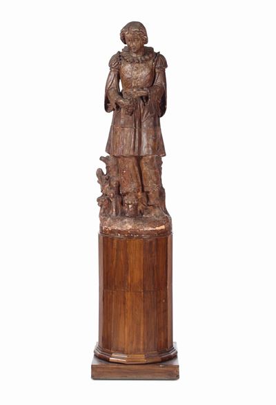 Grande Scultura in Terracotta Raffigurante Fanciulla con Uva in Mano, XIX Secolo