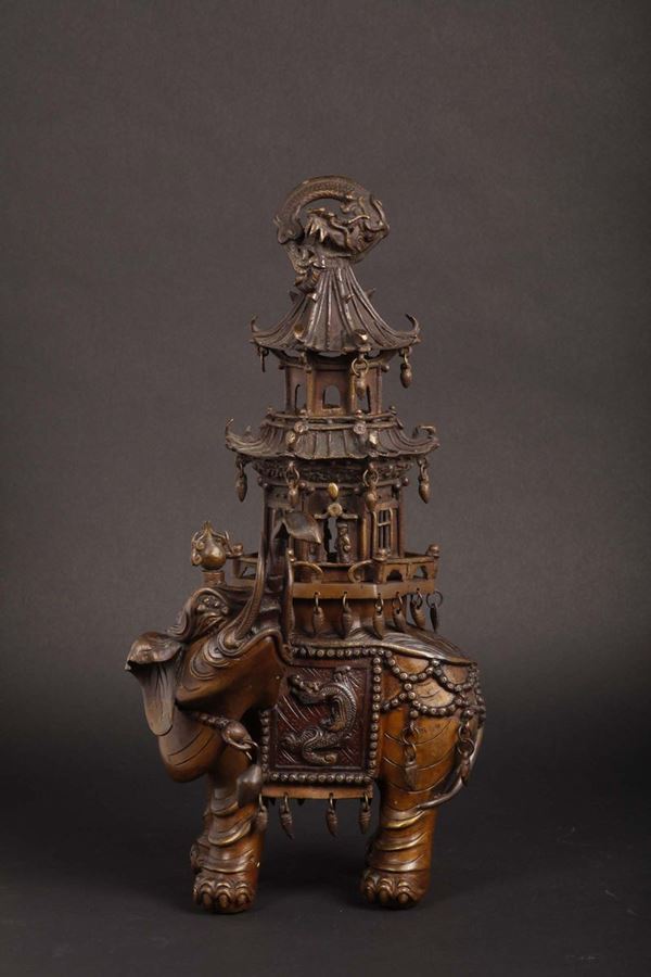 A bronze elephant with pagoda on his back censer, Japan, 19th century