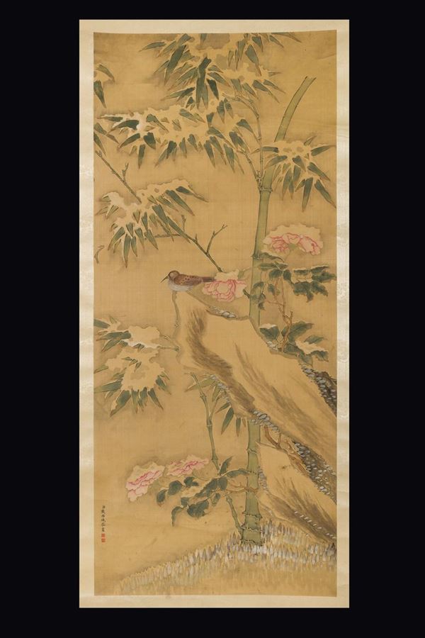 Dipinto su carta raffigurante passerotto tra fiori e bamboo ed iscrizione, Cina, Dinastia Qing, XIX secolo