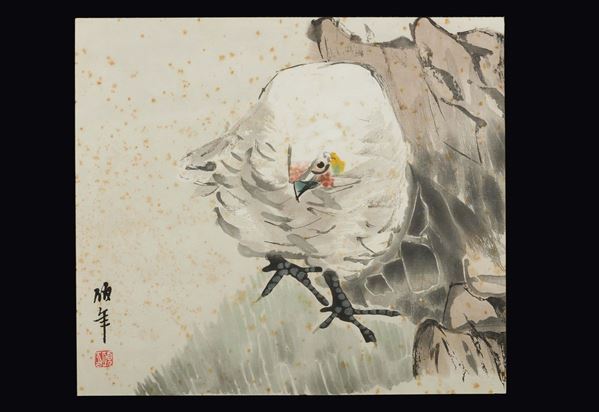 Dipinto incorniciato su carta con gallina ed iscrizione, Cina, XX secolo