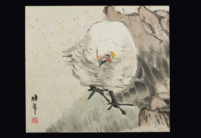 Dipinto incorniciato su carta con gallina ed iscrizione, Cina, XX secolo  - Asta Fine Chinese Works of Art - Cambi Casa d'Aste