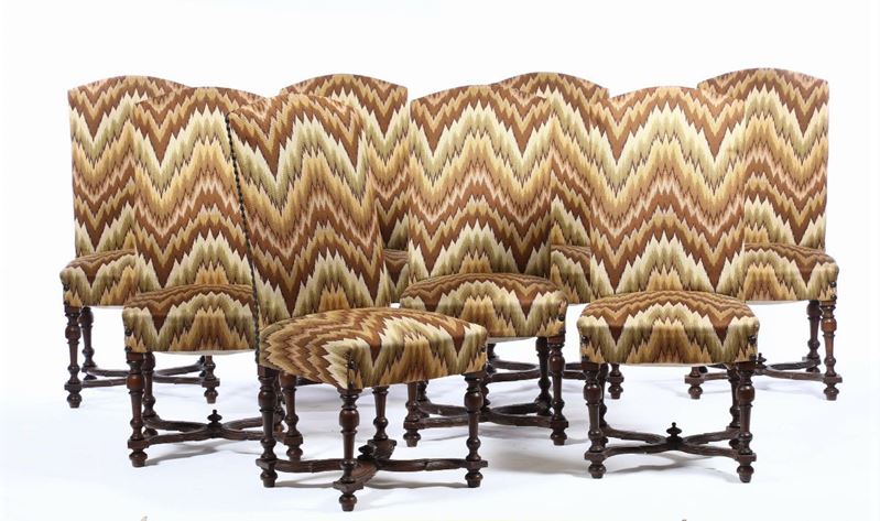 Otto sedie a rocchetto in noce, XIX secolo  - Auction Antiques V - Cambi Casa d'Aste