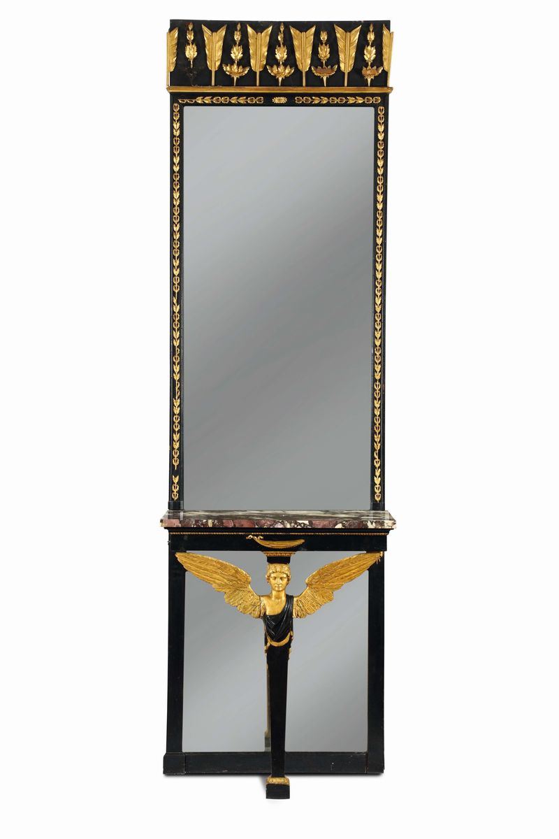 Console a gamba centrale Impero in legno ebanizzato e dorato, XIX secolo  - Asta Antiquariato - Cambi Casa d'Aste