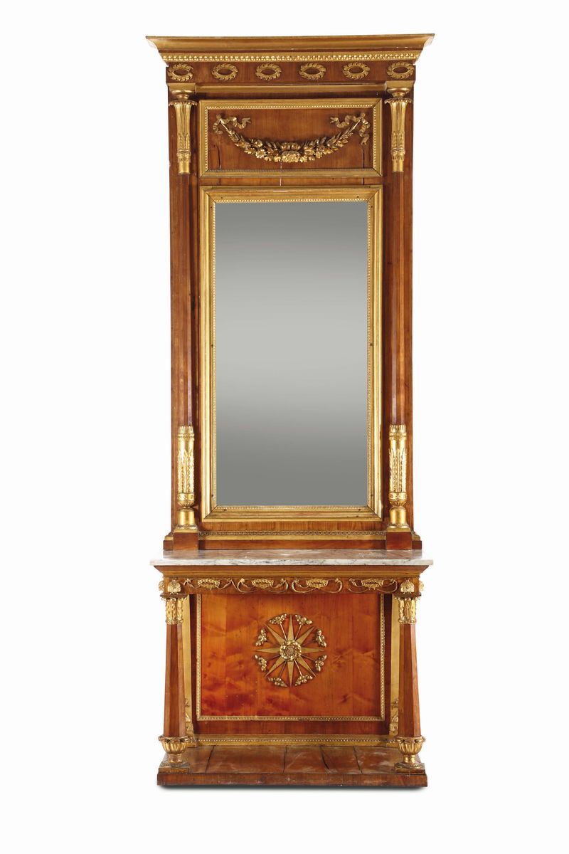 Console impero con specchiera in legno lastronato e dorato, XIX secolo  - Asta Antiquariato - Cambi Casa d'Aste