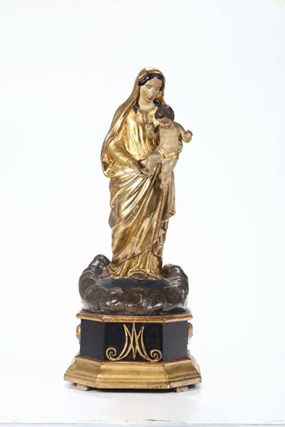 Madonna con Bambino in Legno Intagliato, Dorato e Policromo, Scultore Neoclassico, Italia XVIII-X...