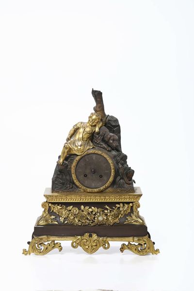 Pendola da Tavolo in Bronzo e Bronzo Dorato, XIX Secolo