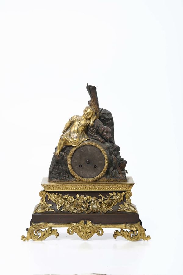 Pendola da tavolo in bronzo e bronzo dorato, XIX secolo