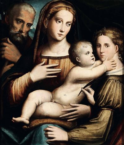 Giacomo Raibolini Detto Giacomo Francia (bologna 1486 - 1557)sacra Famiglia con Santa Caterina D'...