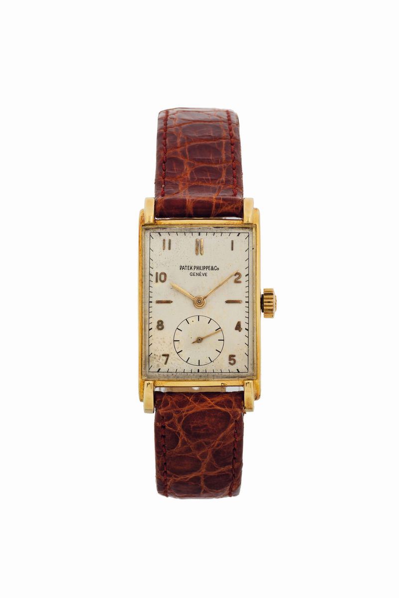 Patek Philippe & Cie, Genève, No. 838893, case No. 645619, Ref. 1559. Fine rectangular curved, 18K yellow gold  wristwatch. Made circa 1946. Accompanied by the original box and Exctract  - Auction Watches and Pocket Watches - Cambi Casa d'Aste