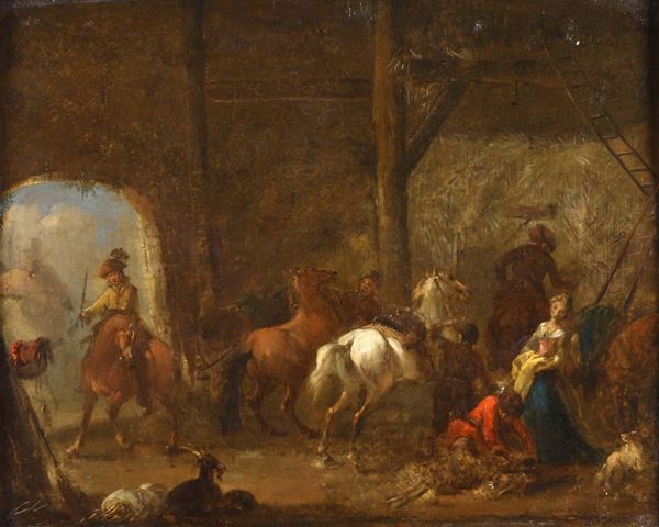 Scuola fiamminga del XVII secolo Interno di stalla con cavaliere sulla soglia, cavalli e personaggi all'interno